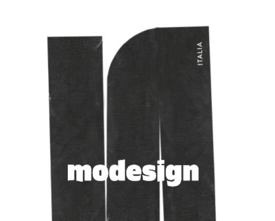 Черный графический дизайн с текстом 'modesign' и словом 'ITALIA' сбоку.