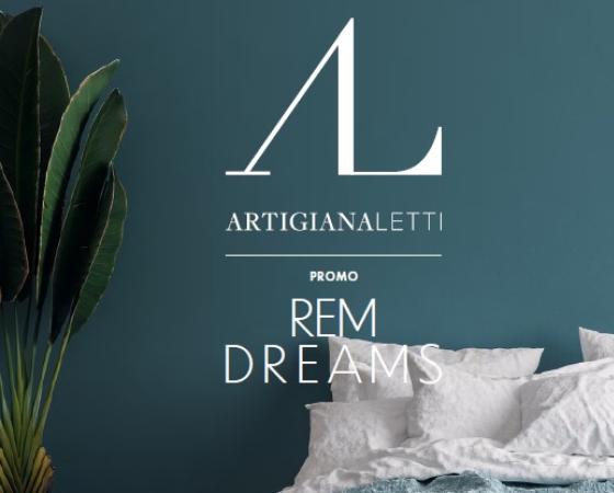 Реклама кроватей Artigianaletti с промо-акцией REM Dreams на фоне спальни.