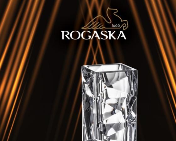 Обложка каталога Rogaska 2024 с изображением стеклянных изделий на черном фоне.
