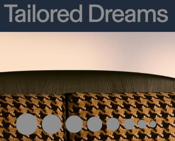 Элегантная кровать с узорными подушками, надпись 'Tailored Dreams' и логотип Bolzan.