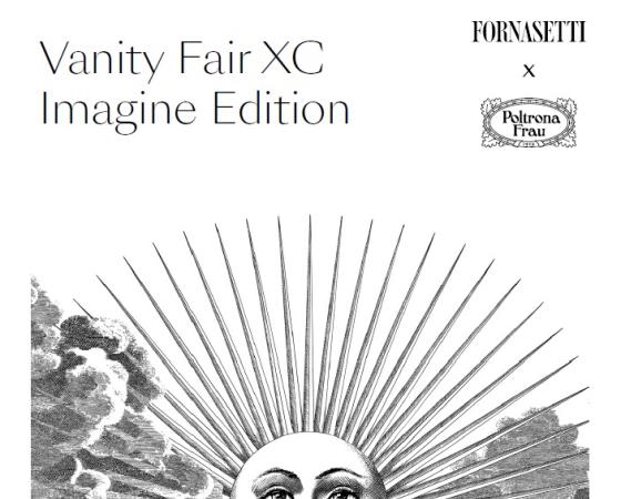 Солнце с лицом, окружённое лучами, облака, текст Vanity Fair XC Imagine Edition.